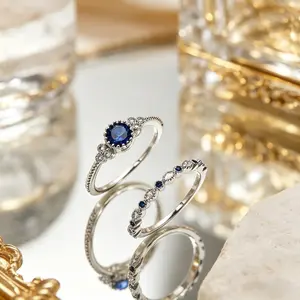Elegant 2-Piece Blue-Tone Engagement & Wedding Ring Set for Women, Blue Stone Statement Bands with Milgrain Detail, Perfect April Birthstone Jewelry Gift for Anniversaries, Weddings & Daily Wear