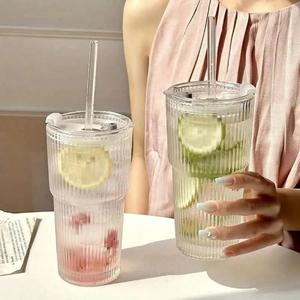 large capacity glass water bottle set, new women summer design with lid & straw, vertical stripe pattern, portable travel mug, drinkware