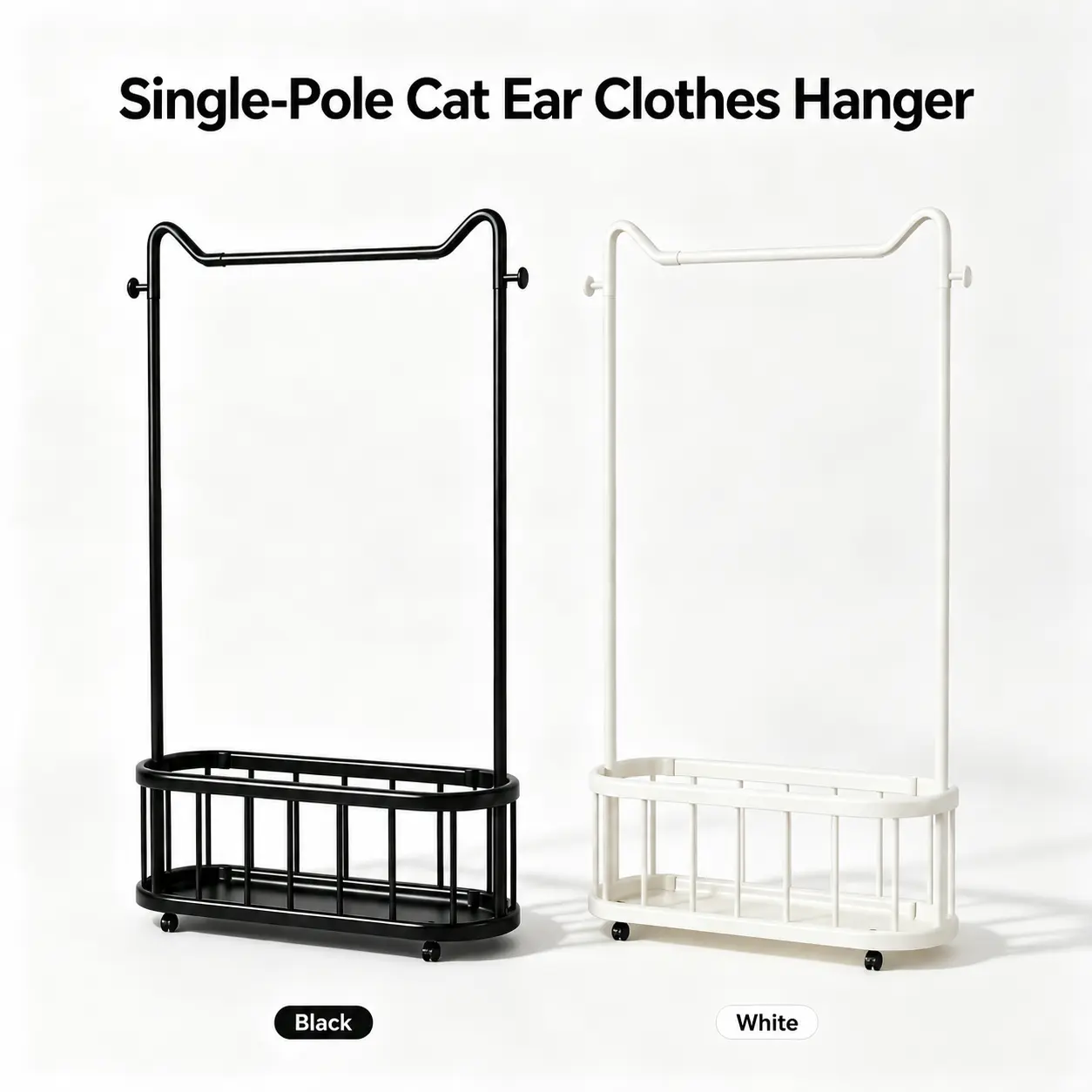 Single-Pole Cat Ear Garment Rack with Wheels, Corner Friendly Movable Clothes Hanger, Large Capacity Bottom Storage Basket, Sturdy Vertical Coat Organizer for Bedroom Entryway