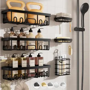 Stainless Steel Shower Caddy 6-Pack, No Drilling & Rustproof, Waterproof Adhesive Shelves Rack with Soap Holder, Large Capacity Bathroom Organizers and Storage, Wall-Mounted Kitchen & Home Decor