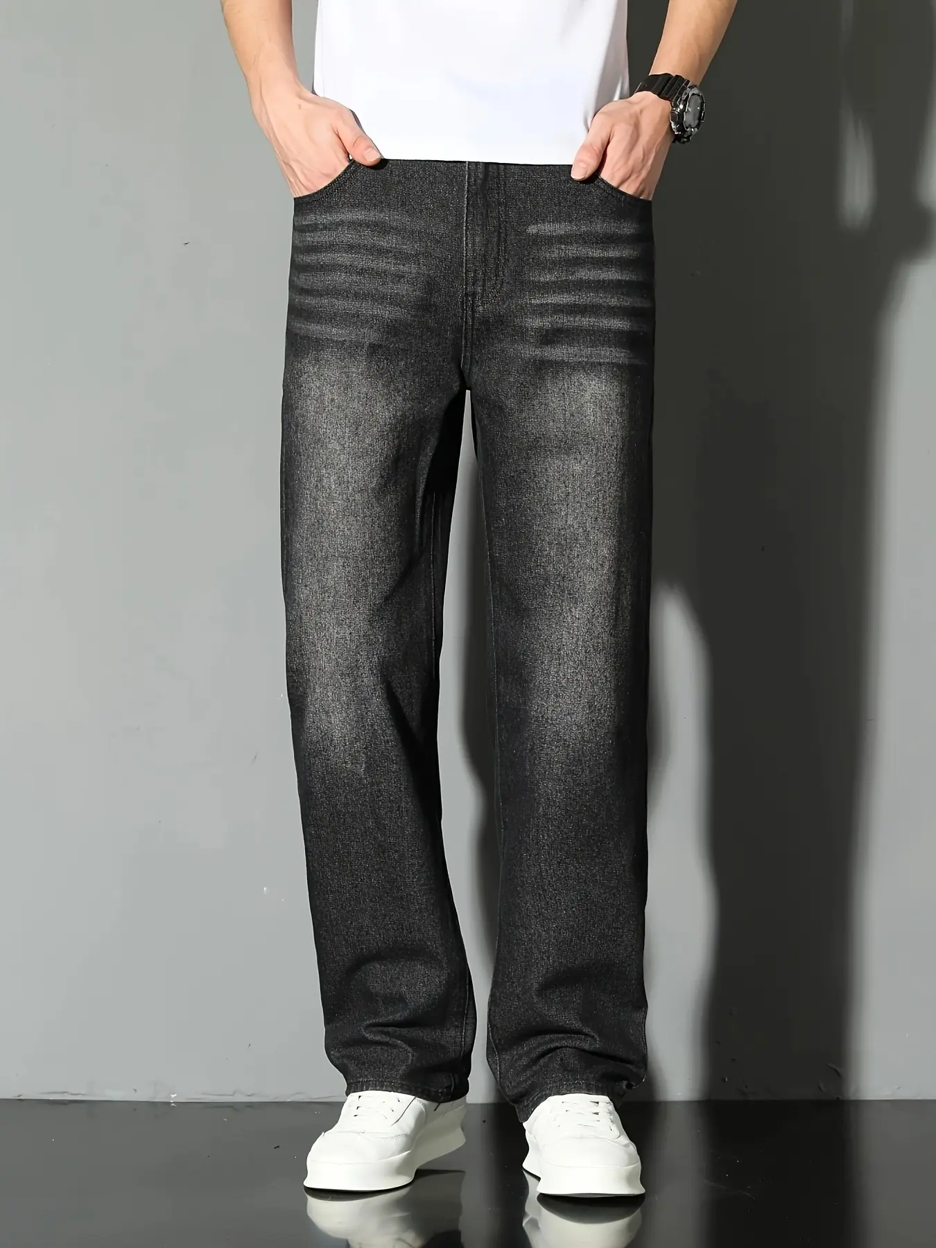 Men's Loose Fit Straight-Leg Jeans, Solid Washed Black Denim, Smooth Cotton-Rayon Blend, Basic Autumn Menswear Clothes, Polyester, Plain, Casual