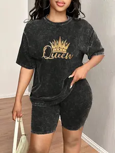 Spring & Summer Plus Size Sports Two-Piece Set with Random Print, Tie-Dye Washed Vintage Short Sleeve T-Shirt and Shorts, Plus Size Women's Jogging Outfit