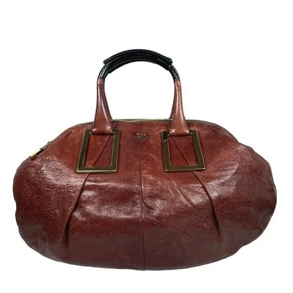 Pre-owned Chloé Leather Tote Bags Chloe XL Ethel Two Tone Patent Brown Black Zippy Oval Handbag Tote Purse