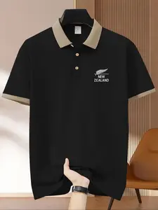 New Zealand Theme Print Business Casual Men's Short Sleeve Polo Shirt, Daily Commute Office Wear, Graphic Knitwear, Slim-Fitting