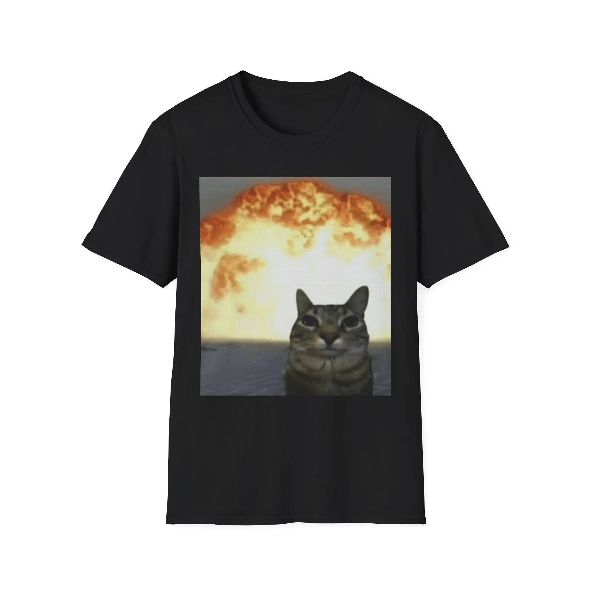 Unisex 100% Cotton Explosion Meme Cat Tee - Mens Crewneck Shortleeve Round Neck T-Shirt, Breathable Printed Funny Animal Gift Top, All Season, Cold Wash, Elastic Drape, Shortsleeve, Double Stitched