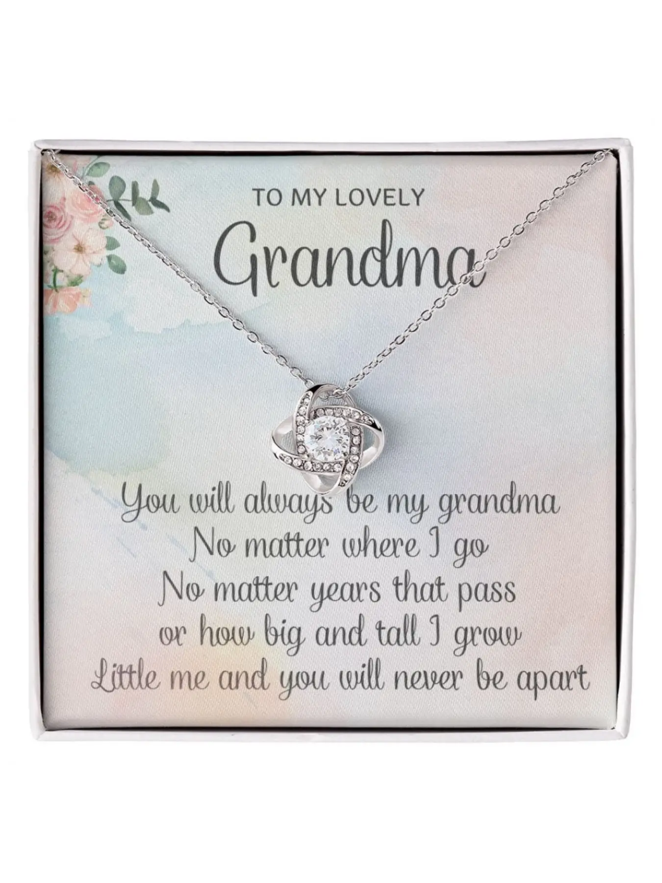 To My Lovely Grandma Love Knot Heart Pendant Fashion Necklace with Message Card and Gift Box Family Appreciation Jewelry Birthday Christmas Mother’s Day Gift for Grandmother