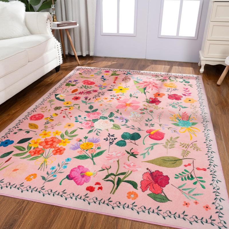 Floral Boho Imitation Cashmere Printed Area Rugs, Washable Machine, Non Slip Low Pile Vintage Large Carpet for Living Room, Bedroom, Farmhouse, Dining Room, Kids Playroom, Orange, Pink, Black, Green, Beige,2x3, 2x6, 4x6, 5x7, 6x9, 8x10, 9x12 Feet