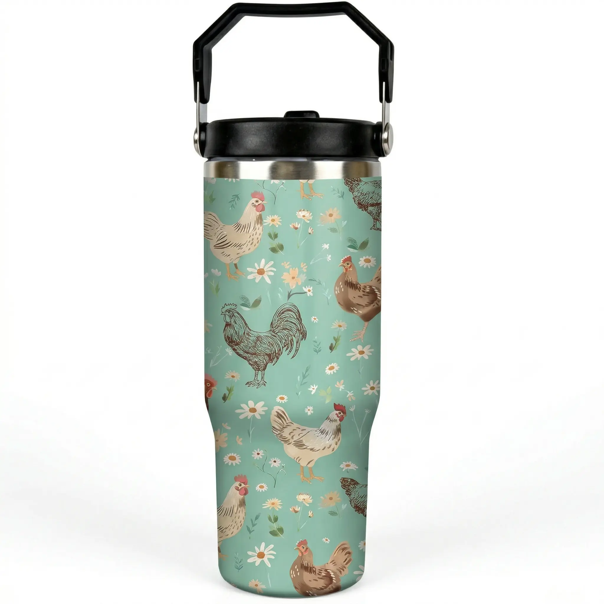 30oz Chicken Tumbler with Handle and Straw, Green Chicken Stainless Steel Vacuum Insulated Flip Straw Coffee Cups Spill Proof Travel Mug, Chicken Rooster Decor Stuff Gifts for Women Chicken Lover,Chicken Lover Birthday Gift, Farm Life Decor