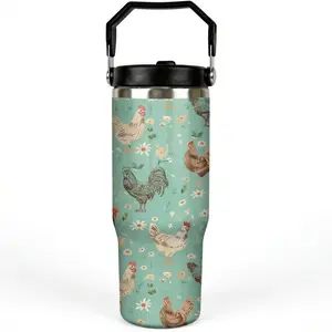 30oz Chicken Tumbler with Handle and Straw, Green Chicken Stainless Steel Vacuum Insulated Flip Straw Coffee Cups Spill Proof Travel Mug, Chicken Rooster Decor Stuff Gifts for Women Chicken Lover,Chicken Lover Birthday Gift, Farm Life Decor