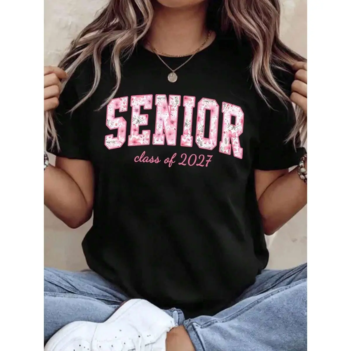 Senior Class Of 2027 Floral Print T Shirt For Women Graduation Gift Senior Year Tee Pink And Black Design Casual Wear For Girls School Spirit Apparel,220g