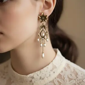Vintage Victorian Pearl Drop Earrings for Women Antique Gold Palace Style Chandelier Earrings Elegant Baroque Wedding & Party Jewelry Gift