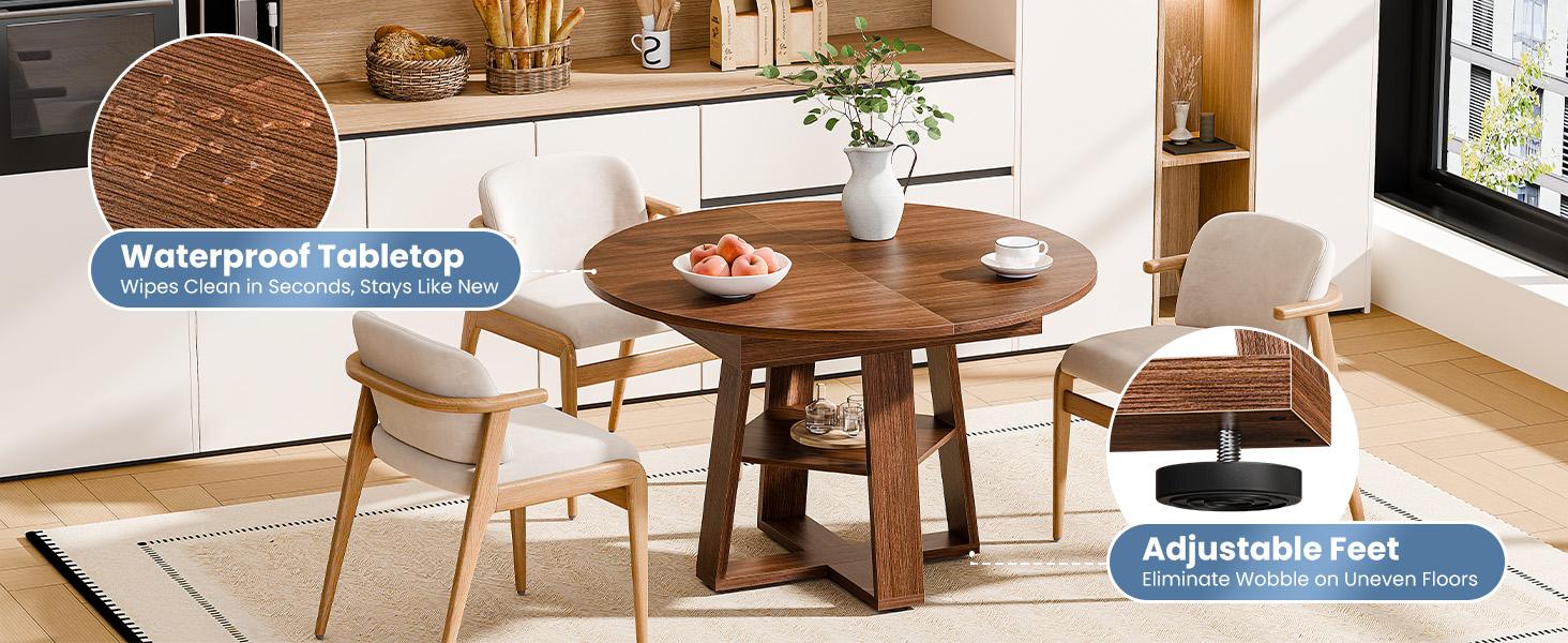 Extendable Round Dining Table for 4-8, Modern Kitchen Oval Dinner Table with Storage Shelf, Wood Pedestal Table, Space Saving Modern Style