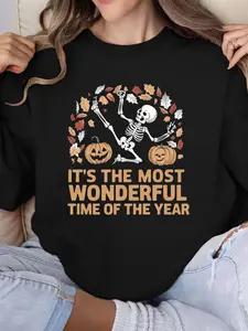 Women's Halloween Skeleton Dance Sweatshirt - Long sleeved round neck pullover with dancing skeleton, bat, and pumpkin patterns, suitable for machine washable Halloween costumes in autumn and winter