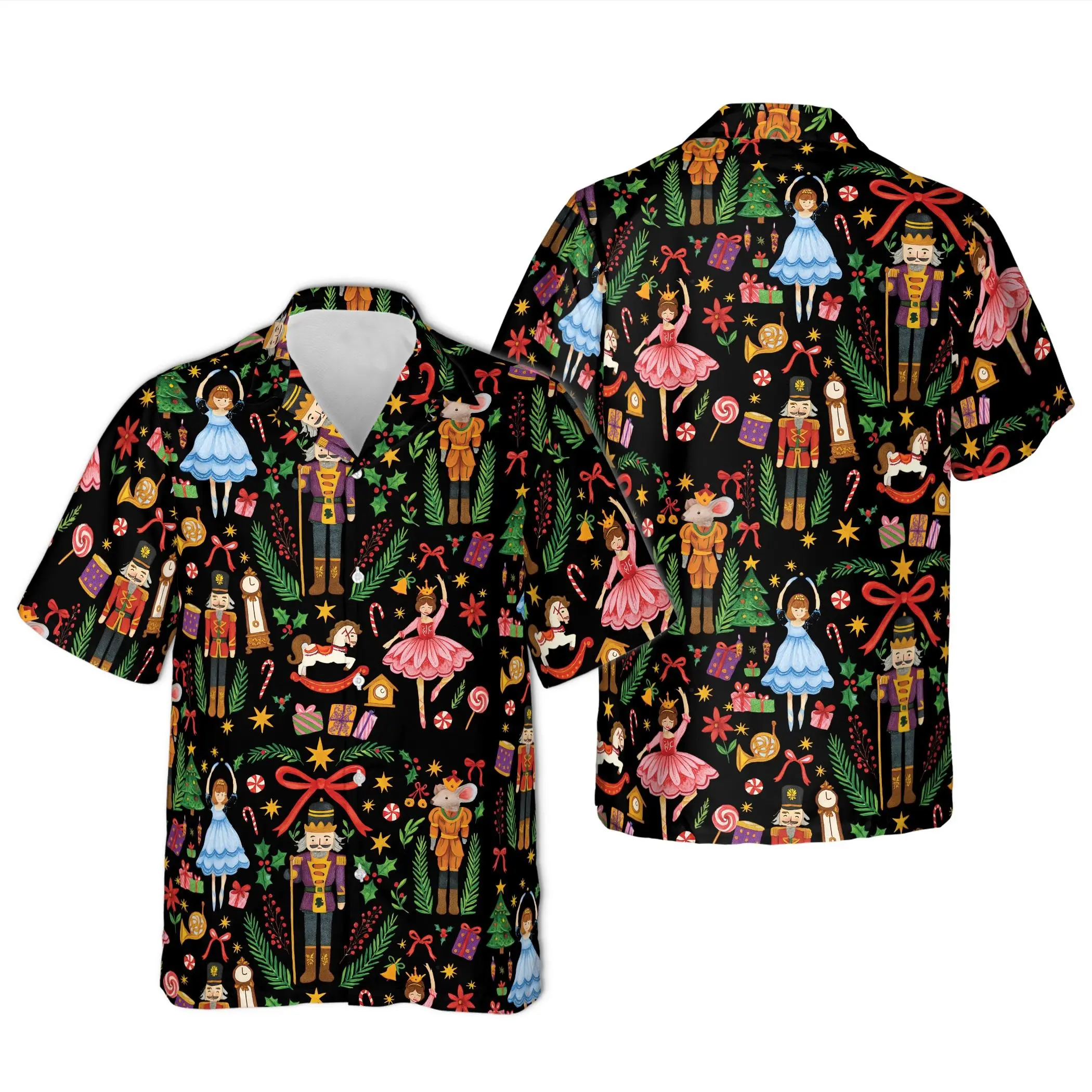 Christmas Nutcracker Hawaiian Shirt Men Ballerina Candy Cane Short Sleeve Holiday Button Down Shirt