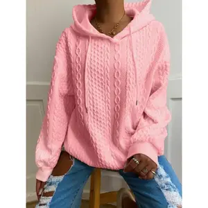 You should be happy. Plus Size Casual Hoodie, Women's Plus Solid Ribbed Long Sleeve Slight Stretch Hoodie Drawstring Sweatshirt