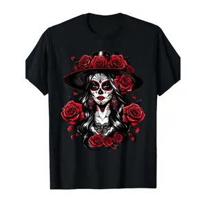 Stylish Dia de los Muertos T-Shirt for Women Featuring La Catrina Sugar Skull Ideal for Celebrations and Everyday Casual Wear
