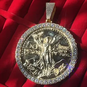 Custom 50 Peso Mexican Coin Ice Diamond Surround Pendant 14k Gold Plated Coin Pendant, Trendy Coin Pendant, Hip Hop Culture Jewelry