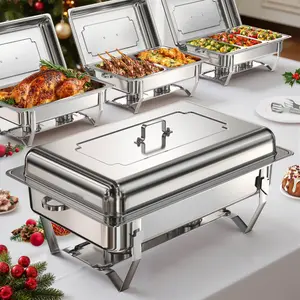 WARMOUNTS Rectangular Chafing Dishes for Buffet with Upgraded Multi-Size Food Pans 9Qrge Chafing Dish Set w/Mirror-Polished Stainless Steel, Rolled Rim, Foldable Frame, for Parties(2/4pack）