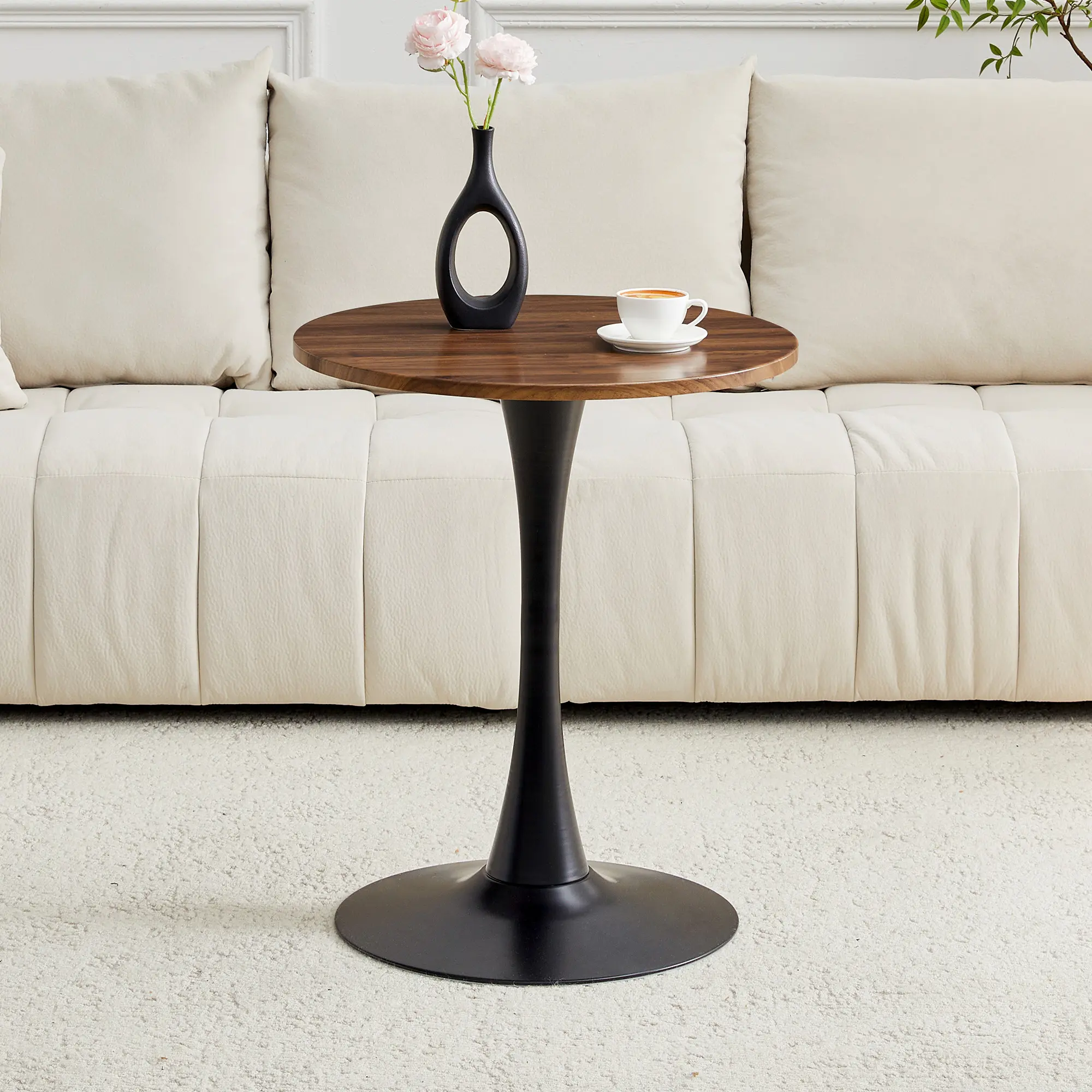 Round Dining Table, 23.6" Circle Tulip Table with Thickened Tabletop & Metal Pedestal, Mid Century Modern Bistro Table for Kitchen, Small Places, Living Room, Cafe (Faux Walnut)
