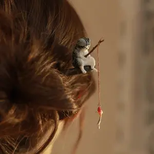 Tiny Fishing Cat Bun Stick – Wooden Hair Stick Pin for Twist & Lock Updos, 5 Cat Styles for Everyday Messy Bun & Cat Lover Gifts Hair Bun Accessories