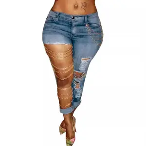 Women's Jeans 2025 Large Ripped Slim Fit Denim Pants with Chain Accessories, Vintage Jeans, Affordable Jeans Leg Blue