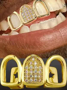 Hip Hop Full Diamond Dental Retainer, Rap Singer Gold Plated Drill Grillz, Punk Style Baroque Teeth Decoration, Silver Color and