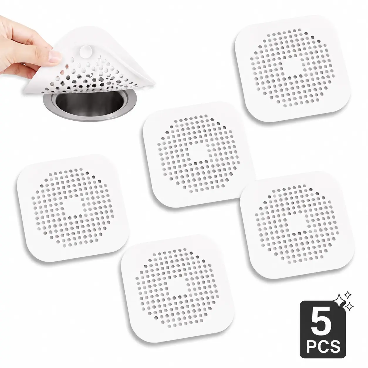 5-Pack White Square Drain cover Hair Catchers, Portable Silicone Shower & Sink Strainers with Strong Suction Cups, Anti-Clog Hair Stopper Filter for Bathtub, Kitchen, Bathroom Gadgets, Household Cleaning Essentials