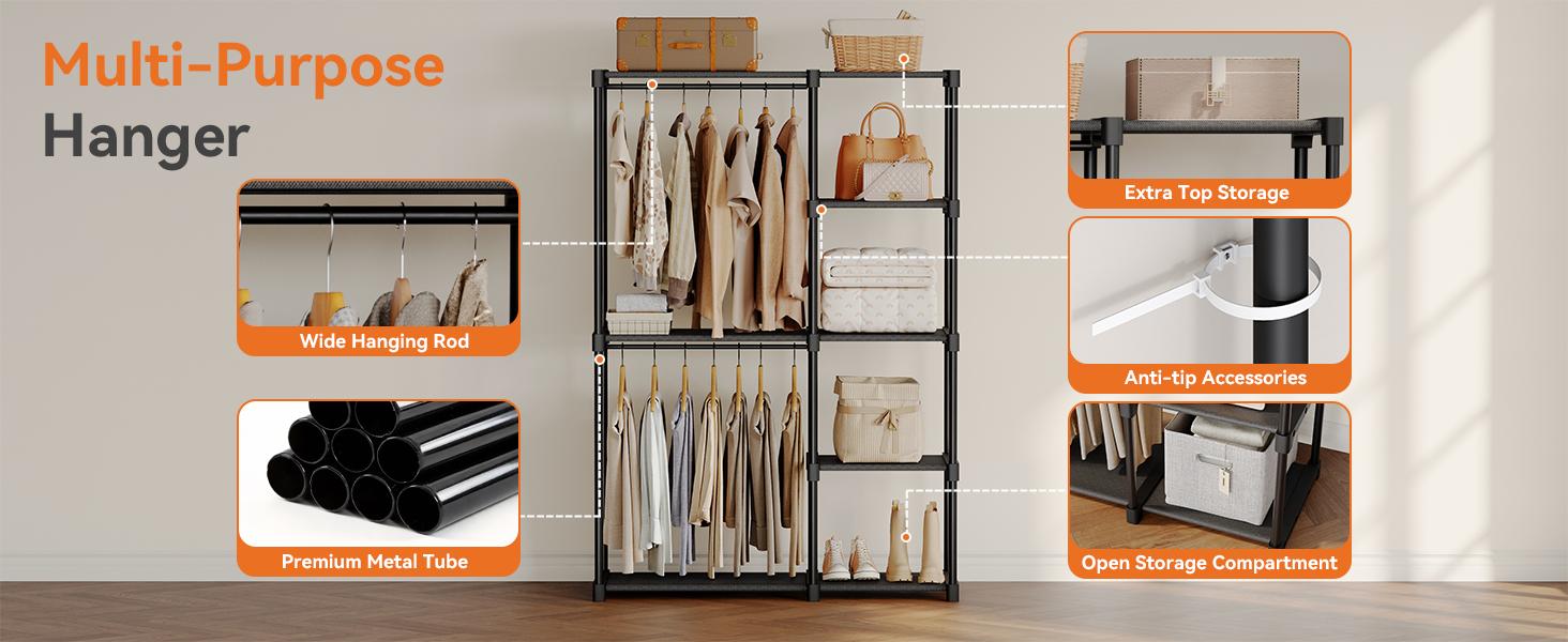 Sweetcrispy Wardrobe Closet,Portable Clothes Racks for Hanging Clothes, Free Standing Closet with 4 Tier Shelves, Closet Organizers and Storage Rack for Cloakroom, Bedroom