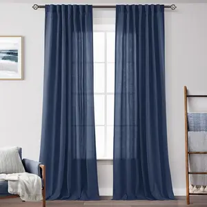 84 Inch Navy Blue Light Filtering Semi Sheer Back Tab Linen Polyester Drapery Panels for Bedroom Living Room Modern Farmhouse Aesthetic Decor