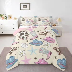 Cute Coastal Cowgirl Bedding Set,Pink Cowgirl Boots Hats Comforter Set for Girls Kids,Blue Seashell Starfish Duvet Insert,Ocean Beach Bedroom Decor