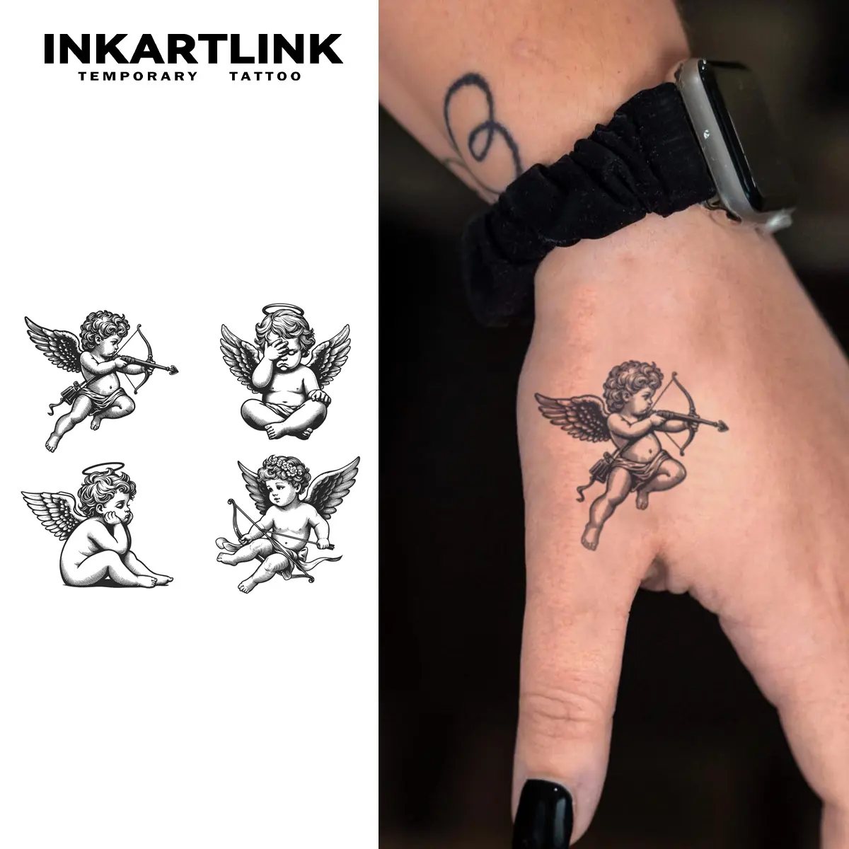 INKARTLINK Tattoo Tech, 2 Sheets Semi-Permanent Temporary Tattoos ,Cherub,Adult Art Design,Lasts 1-2 Weeks, Waterproof, Realistic Look, No Adhesive, No Reflection,For Man And Woman,Ideal for Swimming, Party, Tattoo Stickers, Realistic Temporary Tattoos