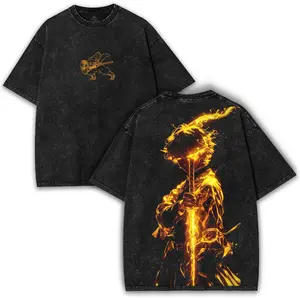 Zenitsu – Vintage Washed Tee Featuring Kimetsu no Yaiba Artwork, Oversized Anime Streetwear Top Basic Cotton