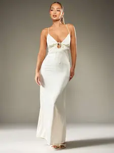 JADEE Satin Cross Back Lace Up Bustier Empire Waist Maxi Gown Wedding Guest Old Money