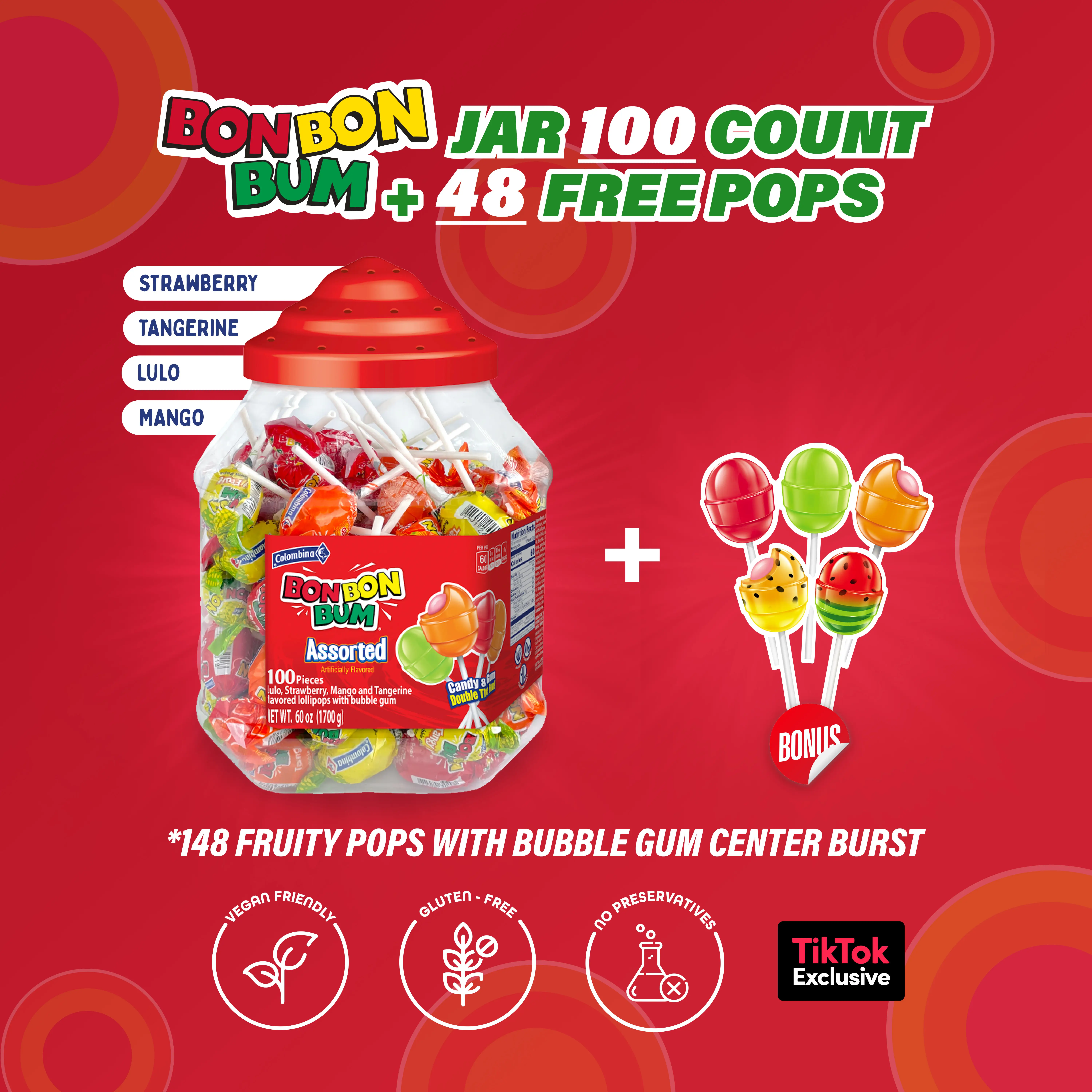 *NEW* Bon Bon Bum Bubble Gum Lollipops. Assorted Candy Jar 100 ct. Strawberry, Mango, Tangerine & Lulo Flavors + Free 48 ct. Watermelon OR Passion Fru