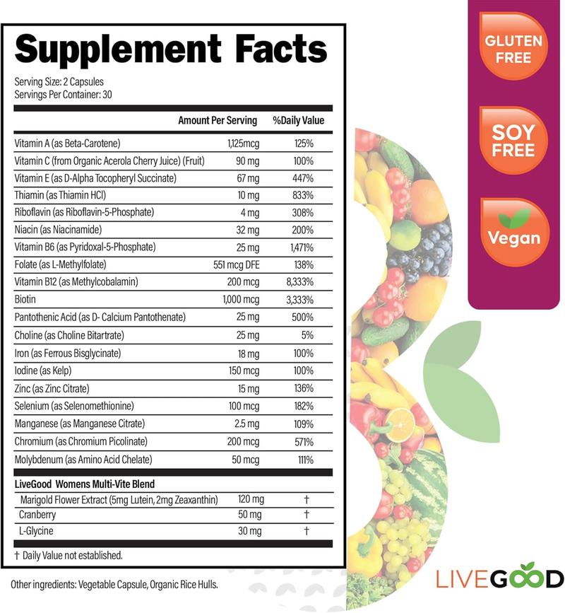 LiveGood Women’s Bio-Active Complete Multivitamin with Iron, Vitamin A, B12, C, E & Lycopene - 24 Nutrients for Energy, Bone & Immune Support - 60 Capsules Edible