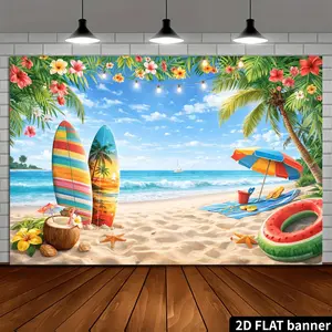 2D Flat Banner Polyester Photography Backdrop, HD Digitally Printed Soft Lightweight Foldable Background Cloth featuring a Tropical Beach Ocean Summer Scene with Palm Trees, Surfboards, and Sandy Shore for Party Decor, Photo Booth