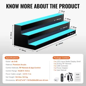 VEVOR LED Lighted Liquor Bottle Display, 3 Tiers 40 Inch Commercial Illuminated Home Bar Shelf, 3 Steps Whiskey Rack Stand, Acrylic Drink Shelves with RF Remote App Control, and Multicolor lighting