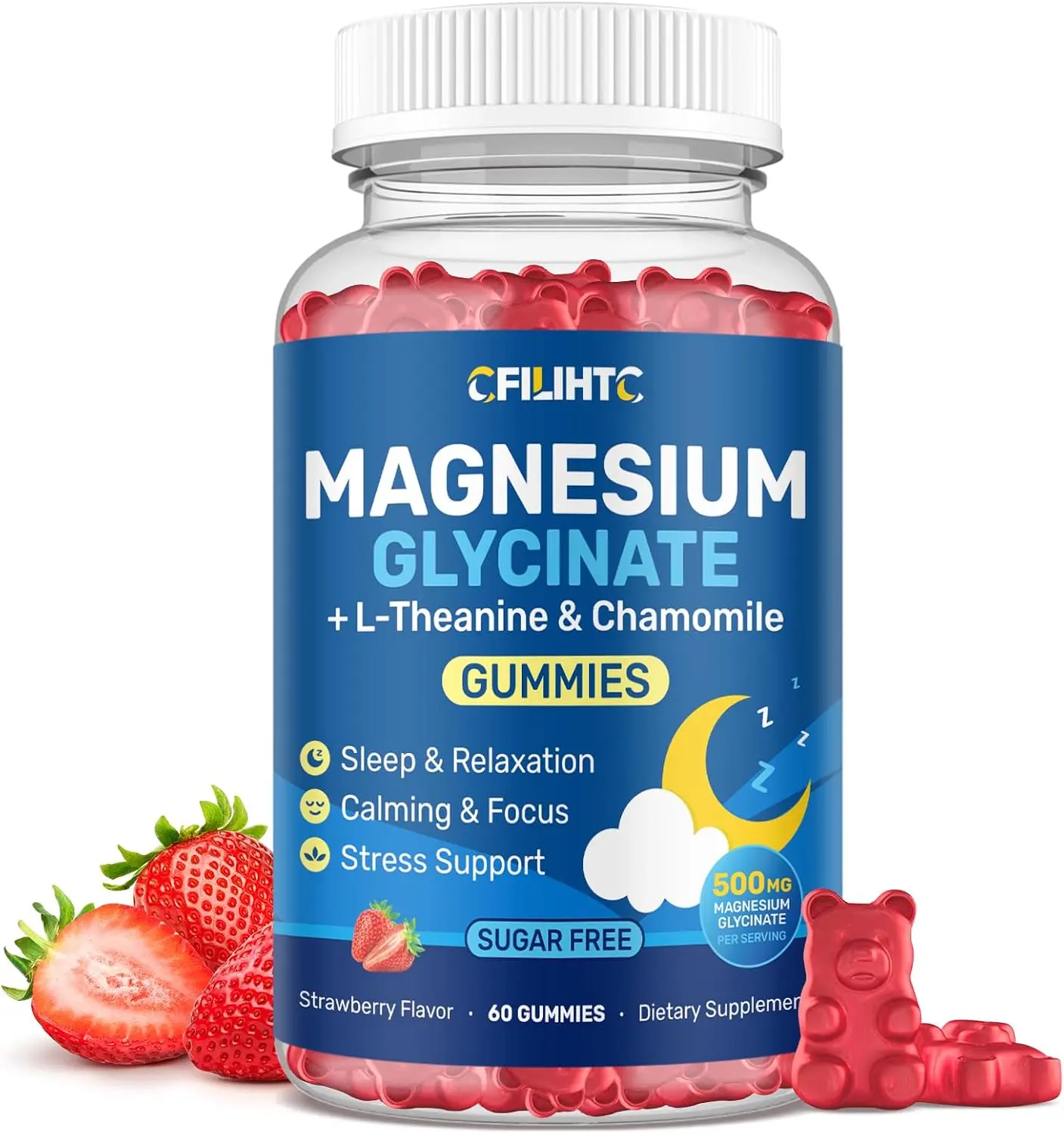 Magnesium Glycinate Gummies 500mg with L-Theanine & Chamomile | Sugar-Free Calming & Sleep Support Formula for Stress Relief & Relaxation | Vegan, Non-GMO Dietary Supplement | Strawberry Flavor | 60 Count