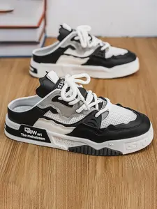 Men's Closed-Toe Mesh Half-Slip Sneakers, Breathable Backless Casual Skate Shoes, Lightweight Comfortable Slip-On Mules for Summer