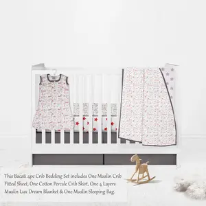 Bacati Baseball Muslin 4 Piece Crib Bedding Set with Sleeping Bag - Red/Gray