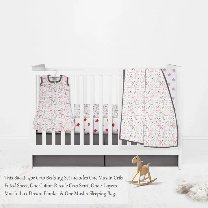 Bacati Baseball Muslin 4 Piece Crib Bedding Set with Sleeping Bag - Red/Gray