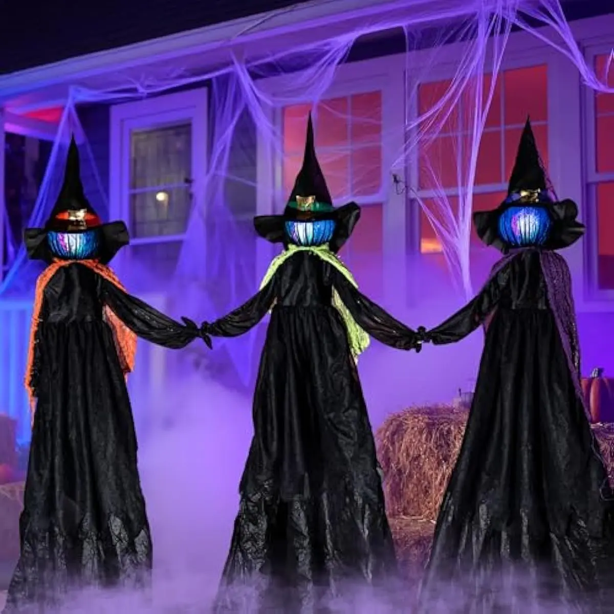 3 Pack 48" Halloween Witch Decorations Outdoor, Halloween 3 Witches Yard Stakes with Multicolored Light-up Heads for Yard Lawn Props, Indoor Party Decorations