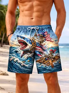 Men's 3D Print Striped Geometric Summer Beach Shorts, Swimming Shorts, American Flag Skull Shark Design, Adjustable Drawstring Waist