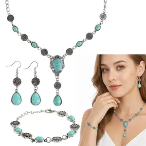 Bohemian Turquoise Bracelet Necklace Earrings Jewelry Set for Women, Vintage Silver Chain Hand Boho Blue Bead Western Style Wrist Ring Gypsy Festival Jewelry Gift summerwins