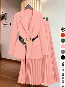Women's Fall Winter Two-Piece Fitted Long Sleeve Suit Jacket Blazer Set with Pleated Skirt, Elegant Business Casual, Perfect for Office & Daily Wear