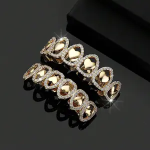 2pcs/Set Asymmetrical 8-Tooth Dental Grill Set with Synthetic Cubic Zirconiaia Micro Inlay Teeth - Glamorous  Dentures, Instant Smile for Fashion & Confidence, Affordable (Unplated, No precious metals)