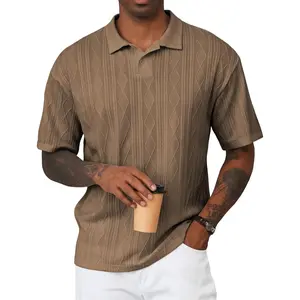 Mens Polo Shirt Textured Knit Button Casual Short Sleeve Summer Vacation Beach Stretchy Golf Shirts