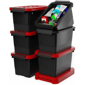 Plastic Storage Bins with Lids and Latch, 6-Pack Small Stackable Plastic Organizing Box with Buckle and Handle, 3.5 Quart Durable Nestable Totes Containers (Black/Red)