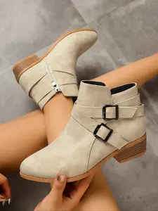 Women's Vintage PU Casual Ankle Boots with Fringe Decorations, Round Toe Short Boots with Square Heels, Perfect for Autumn Winter Street Style