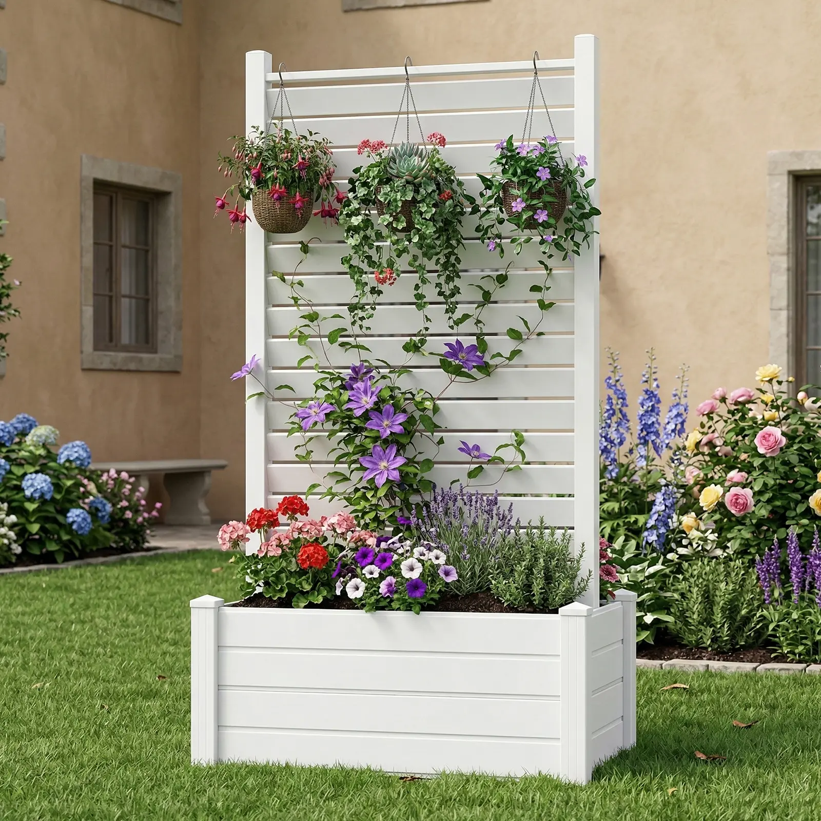 Lilypelle No-Dig PVC Privacy Fence Screen, 3 Styles Horizontal Slatted/Solid/Planter Trellis, Weatherproof Outdoor Privacy Screen for Trash Can AC Unit Patio Garden, White summerwins Pergola